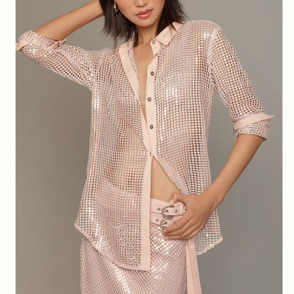 Anthropologie Pilcro Long Sleeve Chainmail Button Down Blouse - Picture 3 of 15